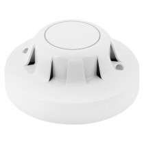 angled view of the apollo discovery optical smoke detector showing its circular white design with ventilation openings