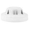 Side view of the apollo discovery optical smoke detector showing its white rounded design with vents