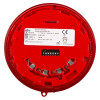 bottom view of the apollo discovery open area sounder beacon showing wiring connections and product label