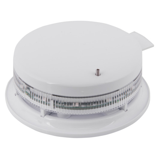 angled view of apollo discovery sounder beacon base with flapwhc cover showing the circular white and clear plastic design