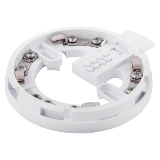 angled view of apollo xp95 discovery series mounting plate showing white circular design with metal connectors