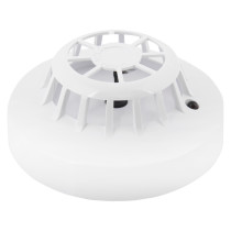 Angled view of an apollo xp95 class a2s heat detector showing the white circular casing and grille design