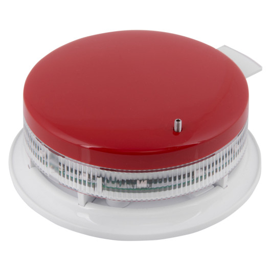 angled view of apollo x95 sounder beacon base with isolator with flaprdc cover showing red top and clear sides on a white base