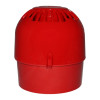 A red, dome-shaped fire alarm sounder with vertical vent openings around the top and a smooth cylindrical base, shown from the front.