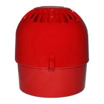 A red, dome-shaped fire alarm sounder with vertical vent openings around the top and a smooth cylindrical base, shown from the front.