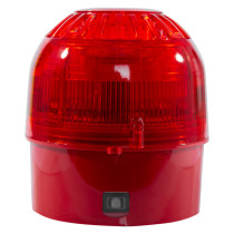 front view of apollo xp95 open area weatherproof sounder beacon with red casing and clear details
