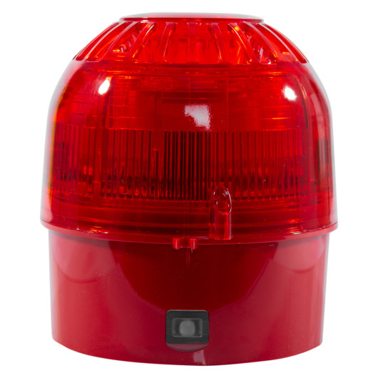 front view of apollo xp95 open area weatherproof sounder beacon with red casing and clear details