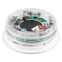 alarmsense combined sounder beacon base shown at an angled view displaying internal electronic components and wiring