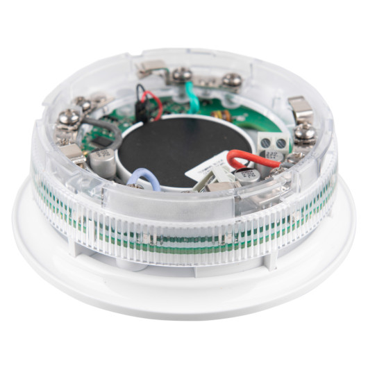 alarmsense combined sounder beacon base shown at an angled view displaying internal electronic components and wiring