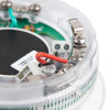 Closeup view of the inner components of an alarmsense combined sounder beacon base showing wiring and circuit board details