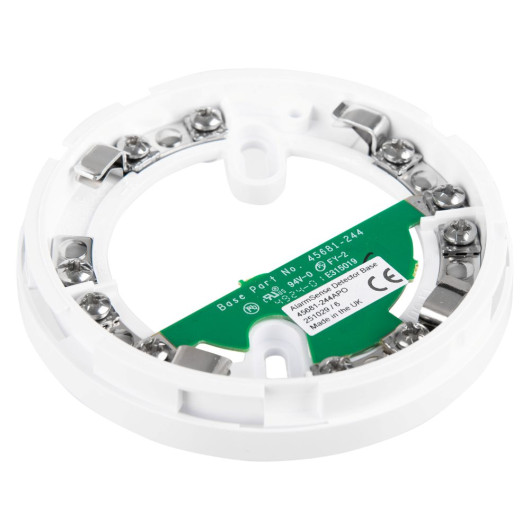 Flasdb Apollo Alarmsense Detector Base Angled showing white circular base with screws and green circuit board label
