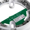 Closeup of Flasdb Apollo Alarmsense Detector Base showing green circuit board and white plastic housing