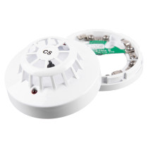 alarmsense cs fixed temperature heat detector shown from an angled view with cover removed to reveal internal components