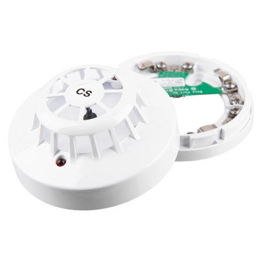 alarmsense cs fixed temperature heat detector shown from an angled view with cover removed to reveal internal components