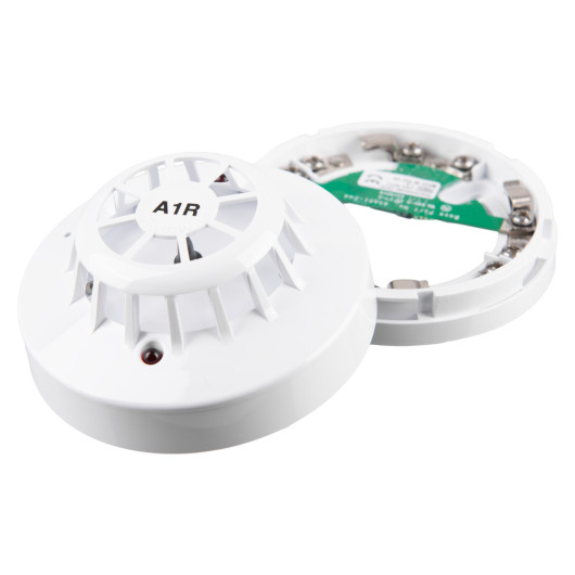 angled view of alarmsense a1r rate of rise heat detector showing front and back components