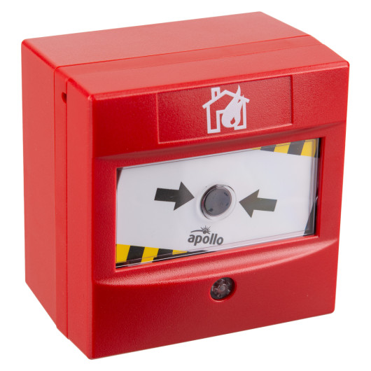 angled view of an alarmsense 2 wire surface mounted manual call point in red with black and yellow details