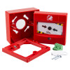 alarmsense 2 wire surface mounted manual call point showing red plastic casing pieces key and mounting accessories laid out