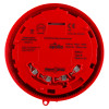 Bottom view of the alarmsense open area sounder showing red casing and wiring details