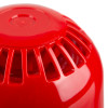 closeup view of a red alarmsense open area sounder showing the vented cover and glossy surface
