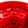 Close-up detail of the red alarmsense open area sounder showing metal connectors and labelled ports