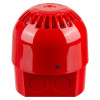 Side view of the red alarmsense open area sounder showing its vented top and circular base details