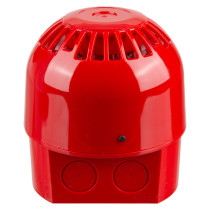 Side view of the red alarmsense open area sounder showing its vented top and circular base details