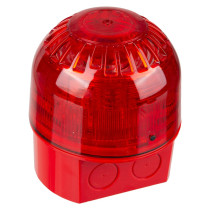 Angled view of a red Apollo AlarmSense open-area sounder beacon with a transparent red lens, mounted on a red base with cable entry knockouts visible on the side.
