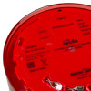 Close-up of the underside of a red Apollo AlarmSense open-area sounder beacon, showing product labeling, certification markings, and mounting features inside the housing.