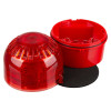 Apollo AlarmSense open-area sounder beacon shown disassembled, with the red beacon cover positioned beside the red mounting base and sealing gasket.