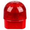 Apollo AlarmSense open-area sounder beacon with red translucent lens and red base, shown from the side with cable entry knockouts visible on the housing.