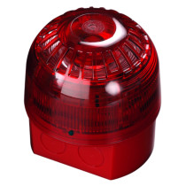 Red alarmsense open area sounder beacon shown from an angled view with a clear domed top and square base