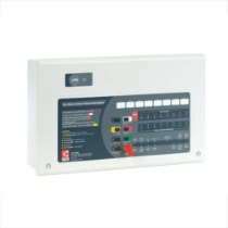 angled view of the c tec cfp fire alarm panel showing buttons and indicator lights on the front panel