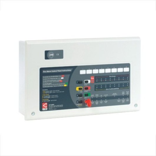 angled view of the c tec cfp fire alarm panel showing buttons and indicator lights on the front panel