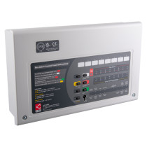 angled view of a c tec cfp alarmsense fire alarm panel 2 zone showing buttons and labelled indicators