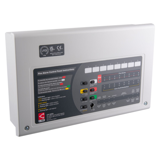 angled view of a c tec cfp alarmsense fire alarm panel 2 zone showing buttons and labelled indicators