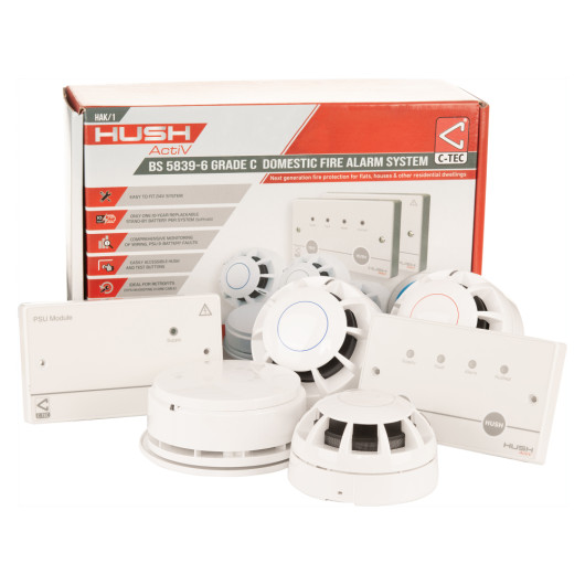 c tec hush activ grade c domestic alarm system showing control panel unit with multiple circular sensors and detectors in white