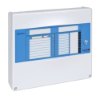 angled view of a horizon 2 zone fire alarm panel showing the front with blue and white casing and control buttons