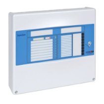 angled view of a horizon 2 zone fire alarm panel showing the front with blue and white casing and control buttons
