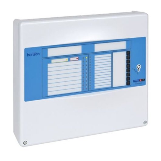angled view of a horizon 2 zone fire alarm panel showing the front with blue and white casing and control buttons