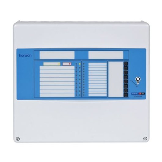 Front view of the horizon 2 zone fire alarm panel showing the control interface with buttons and indicators