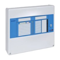 horizon 2 zone fire alarm panel shown from a tilted angle with blue label and white casing