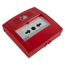 kac non addressable 4 wire indoor manual call point flush mounted shown at an angled view with red casing and black arrow symbols