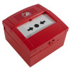 kac non addressable 4 wire indoor manual call point surface mounted shown at an angled view with red casing and white panel with arrows