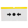 Front view of kac manual call point flexible resettable element showing two black arrows pointing to a central black circle on a white and yellow background