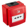angled view of a red kac weatherproof manual call point surface mounted with a fire symbol on the front panel