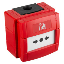 angled view of a red kac weatherproof manual call point surface mounted with a fire symbol on the front panel