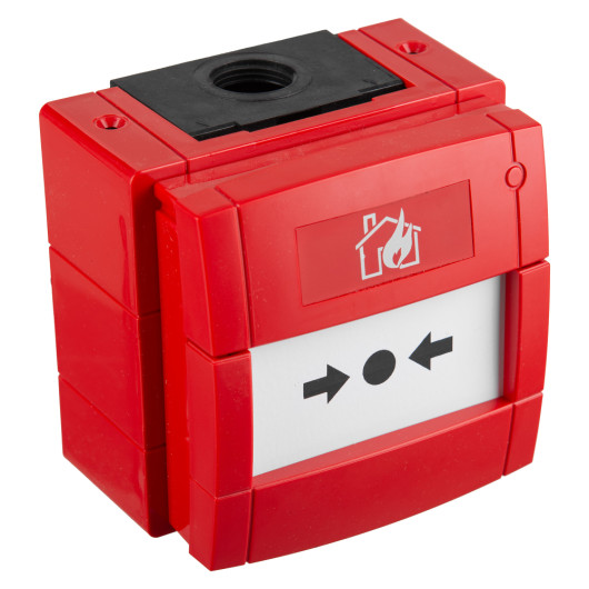 angled view of a red kac weatherproof manual call point surface mounted with a fire symbol on the front panel