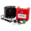 kac weatherproof manual call point surface mounted with red call point, black mounting box, fittings, and screws shown separately