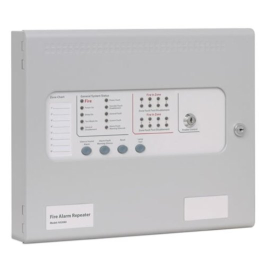 kentec sigma cp r 2 zone repeater panel shown from an angled view with buttons and indicator lights on a grey box