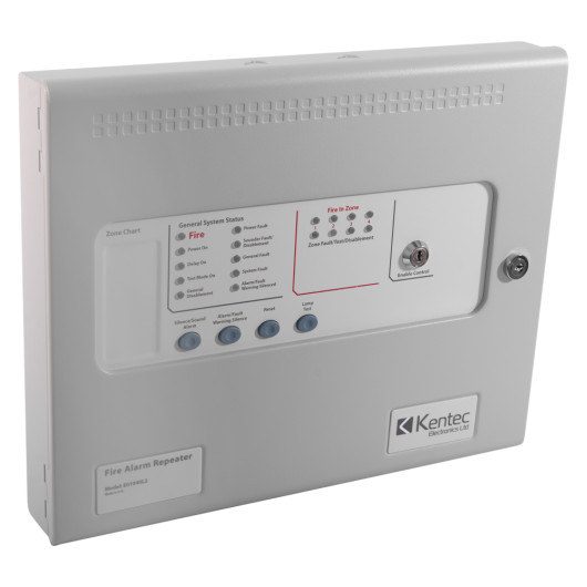 kentec sigma cpr 4 zone repeater panel shown from an angled view with buttons and status indicators visible